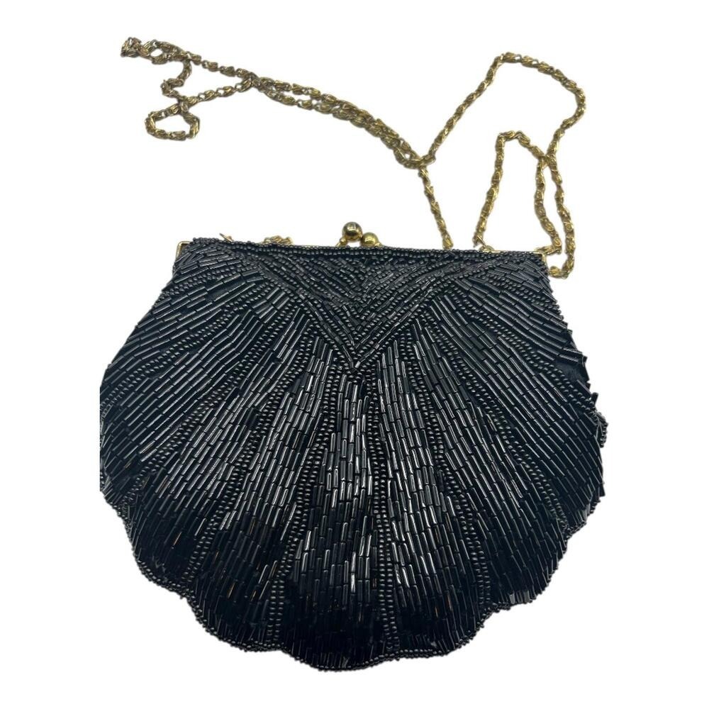 Regale Ltd Evening Bag Womens Small Black Beaded Shell Crossbody Vintage Style